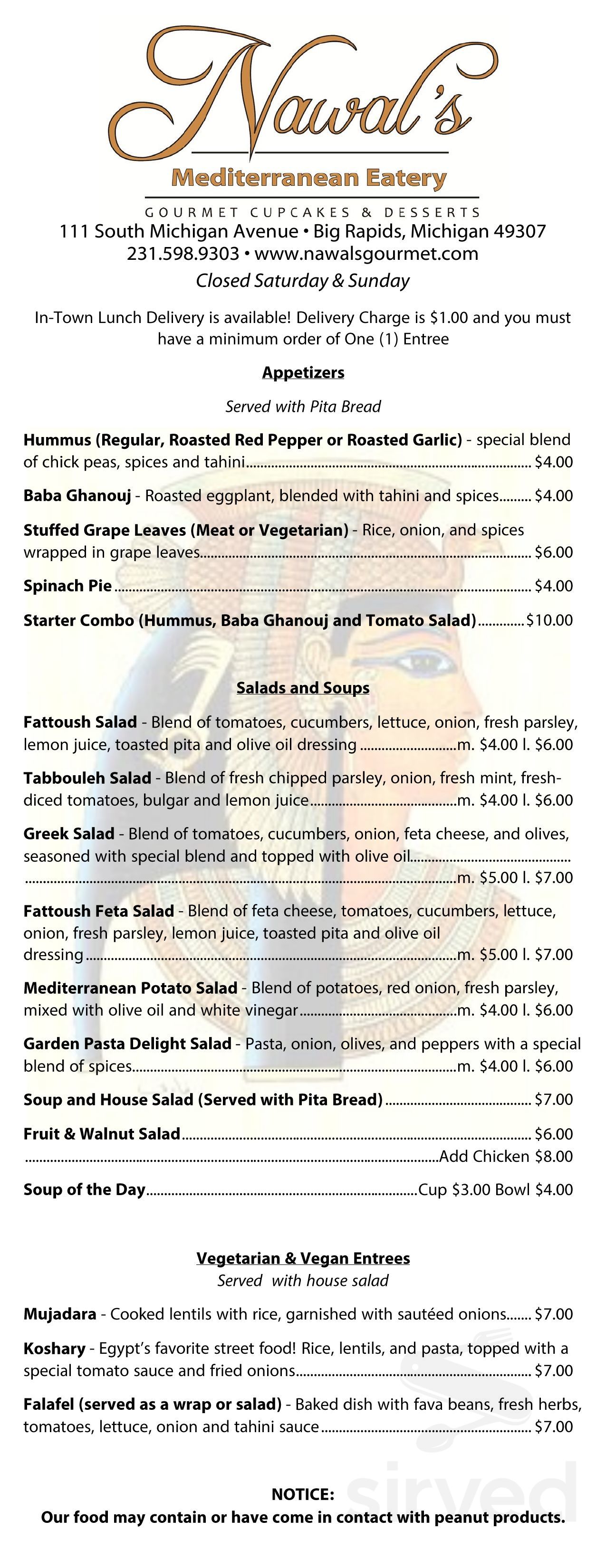 Nawal's Mediterranean Grille menu in Big Rapids, Michigan, USA