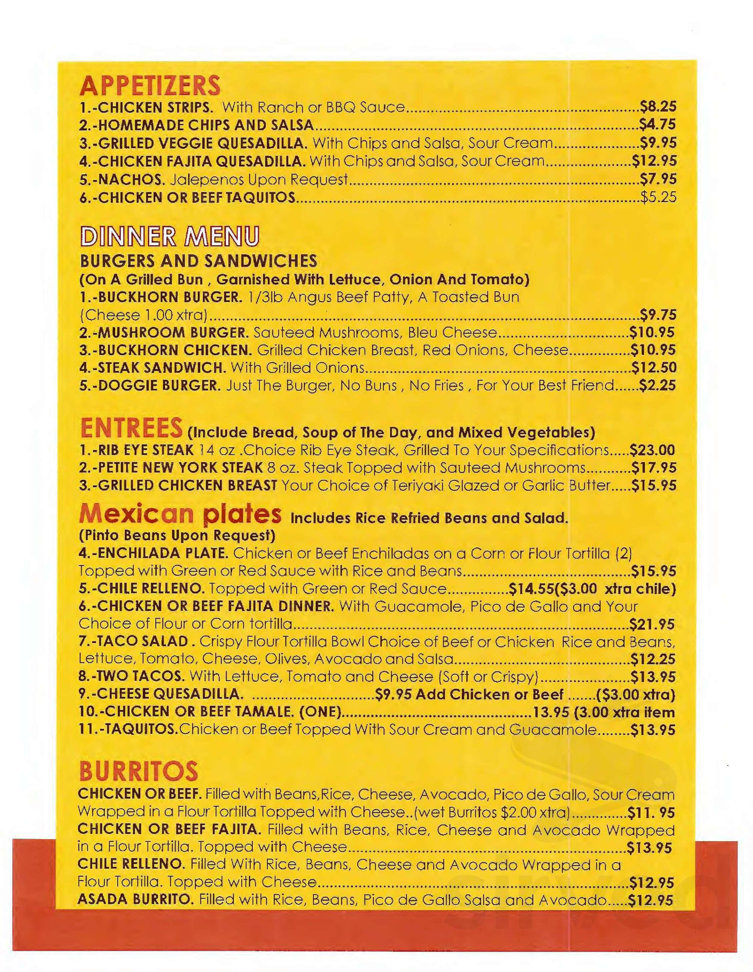 The Buckhorn Bar and Mountain Creek Restaurant menu in Sierra City, California