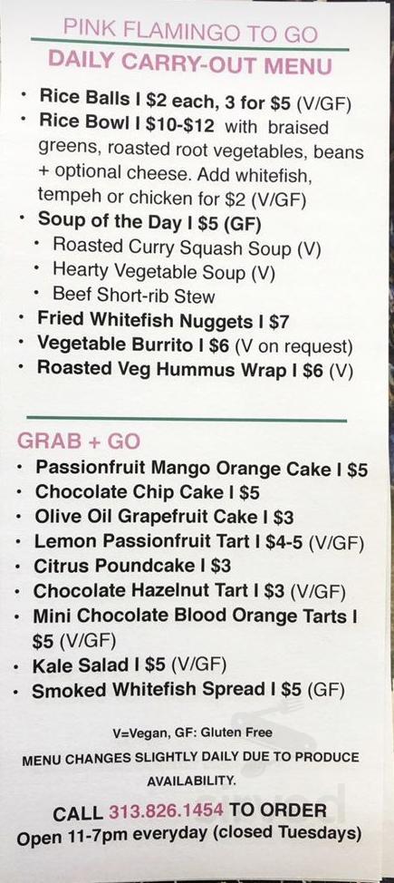 Pink FlaminGo To Go menu in Detroit, Michigan