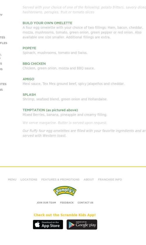 Humpty's Family Restaurant menu in Brandon, Manitoba, Canada
