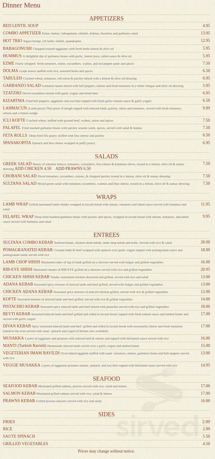 Sultana Mediterranean menu in Menlo Park, California, USA