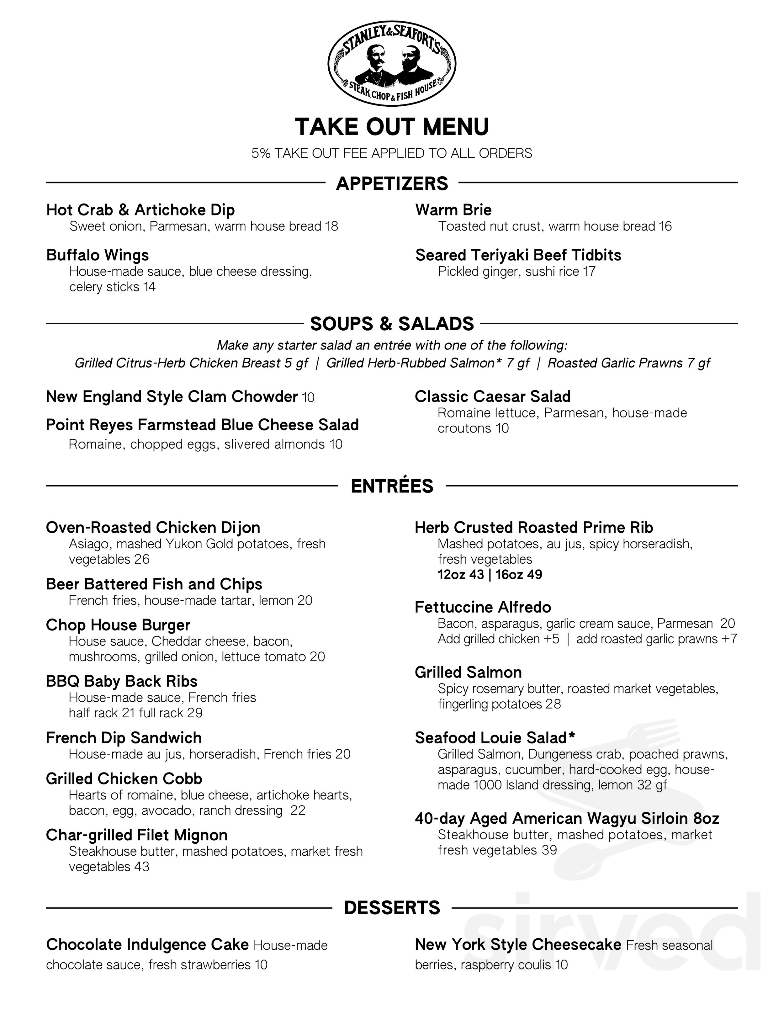 Menu - Tacoma WA's Stanley & Seafort's | Sirved