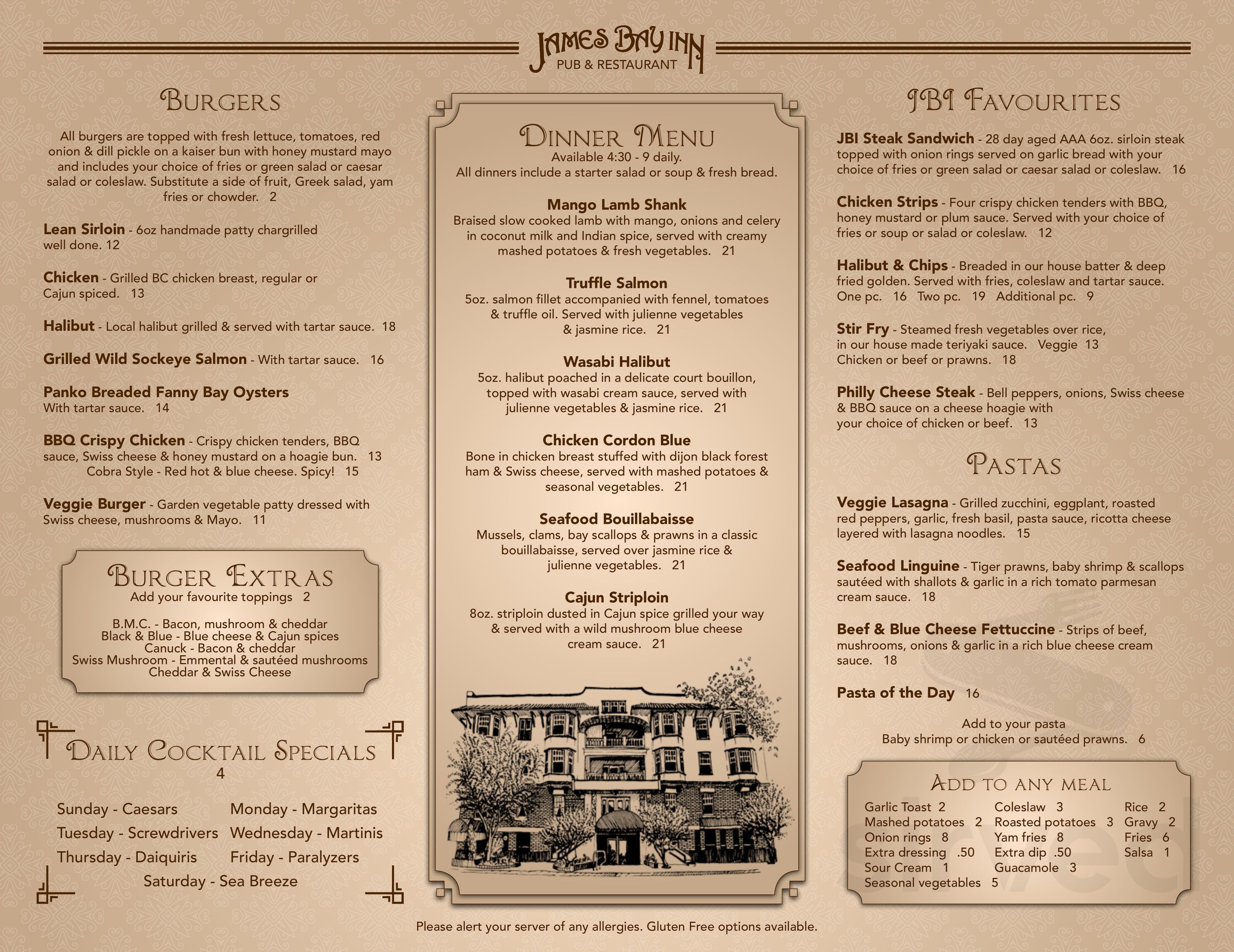 James Bay Inn Restaurant menus in Victoria, British Columbia, Canada