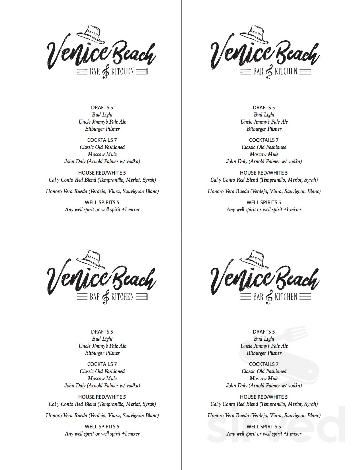 Menu for The Venice Beach Bar & Kitchen in Venice, California, United