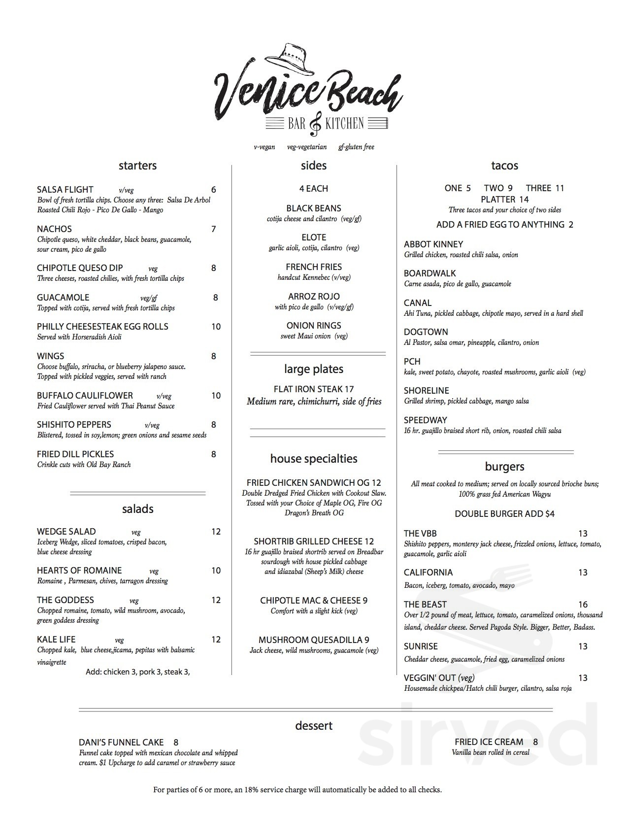 Menu for The Venice Beach Bar & Kitchen in Venice, California, United