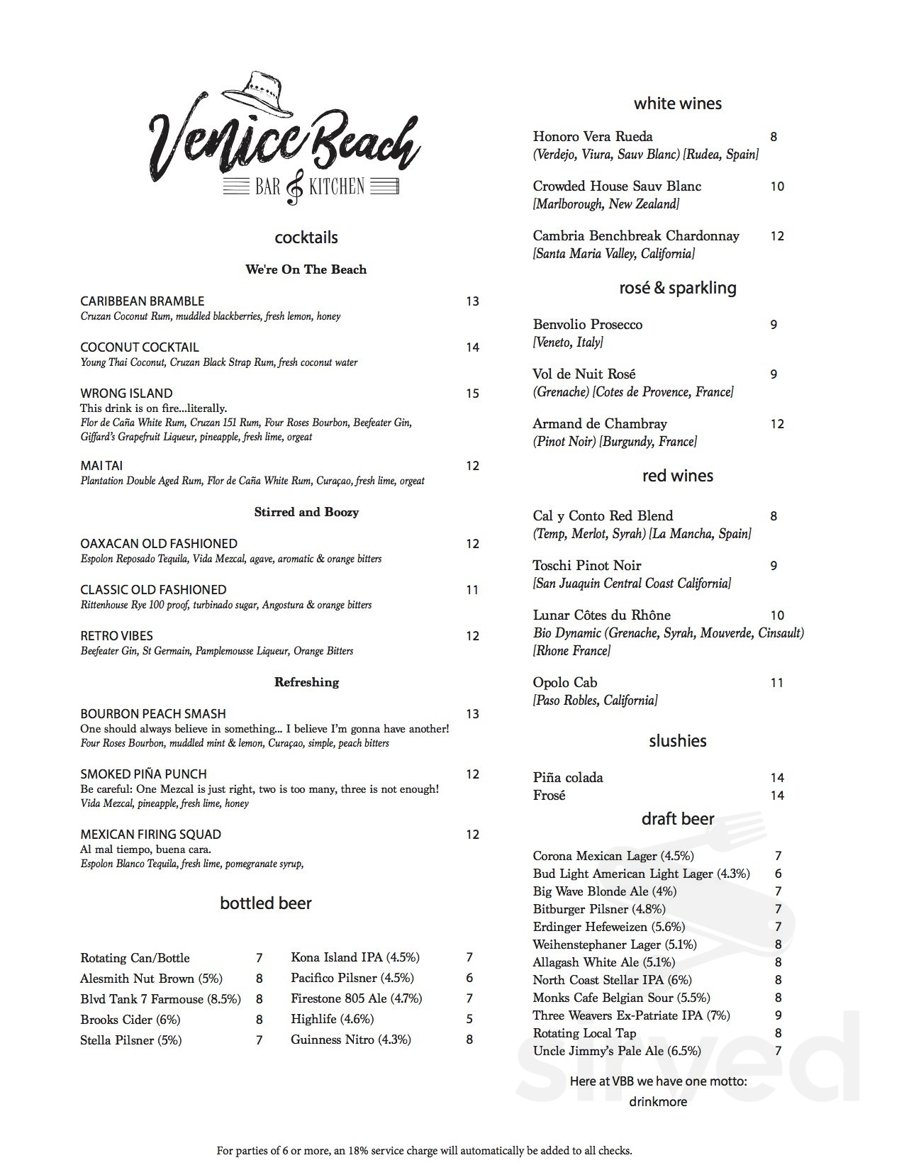 Menu for The Venice Beach Bar & Kitchen in Venice, California, United
