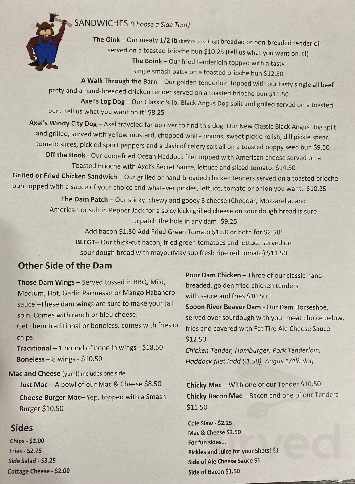 Beavers Teeth Axe Throwing, Brew & Chew menu in Knoxville, Illinois, USA