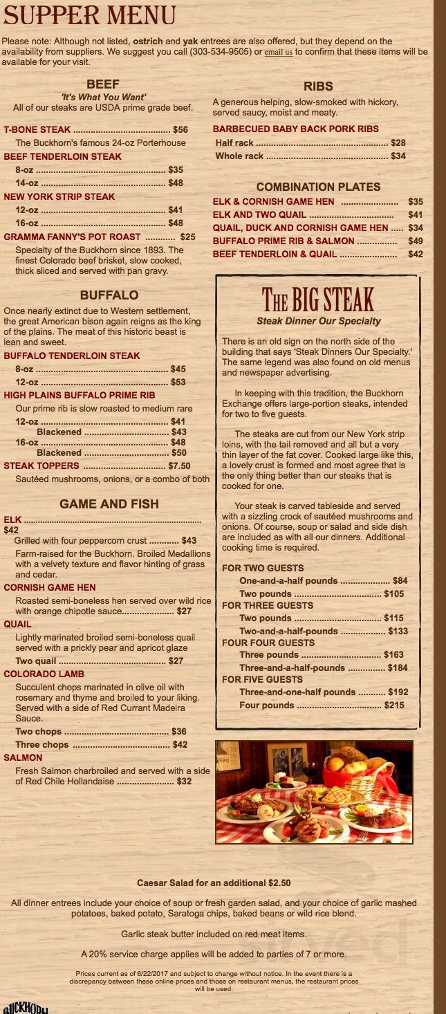 Buckhorn Exchange Restaurant menu in Denver, Colorado, USA