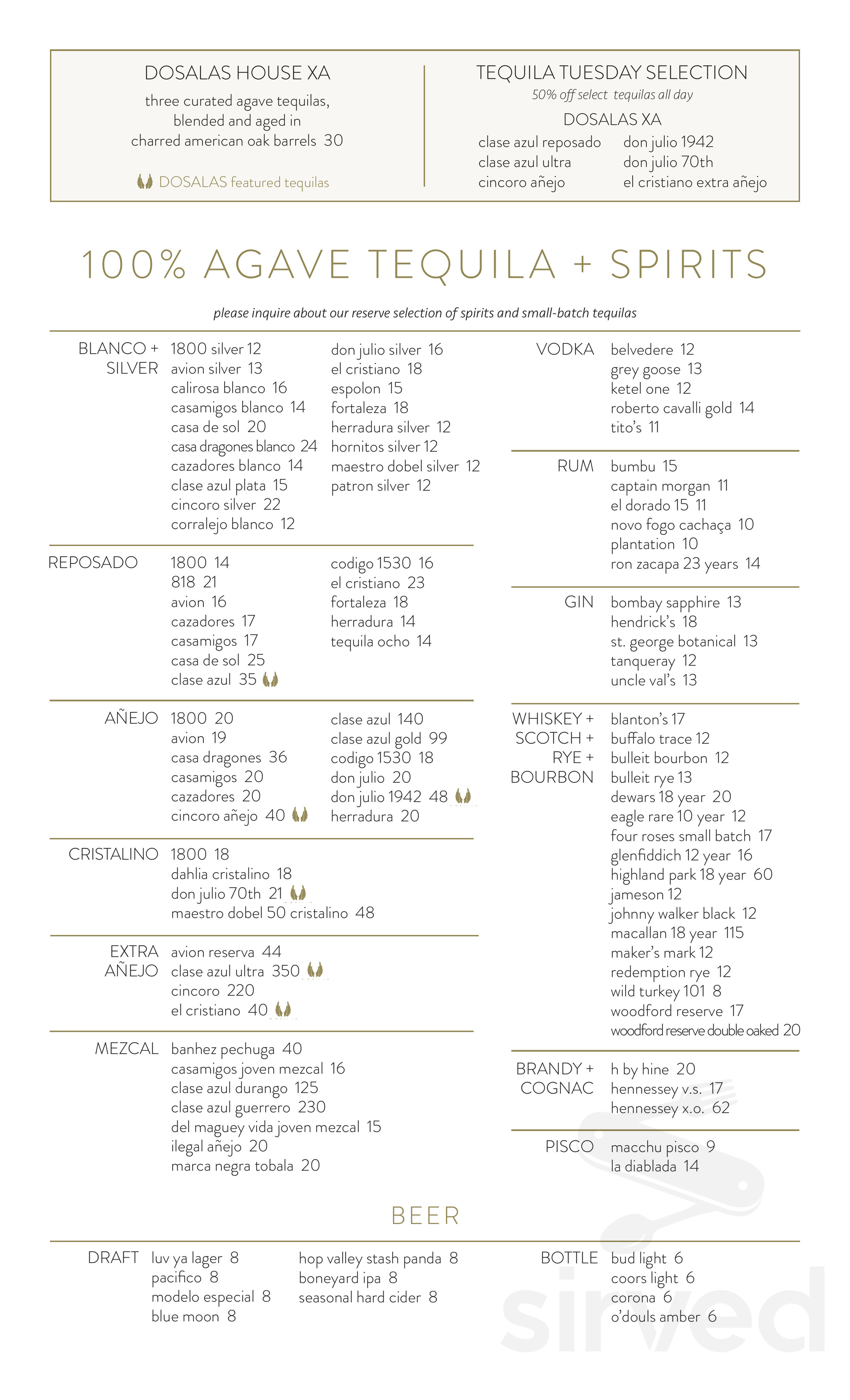 DOSALAS latin kitchen + tequila bar menu in Vancouver, Washington, USA