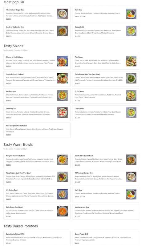 Tasty Greens menu in Asheville, North Carolina, USA