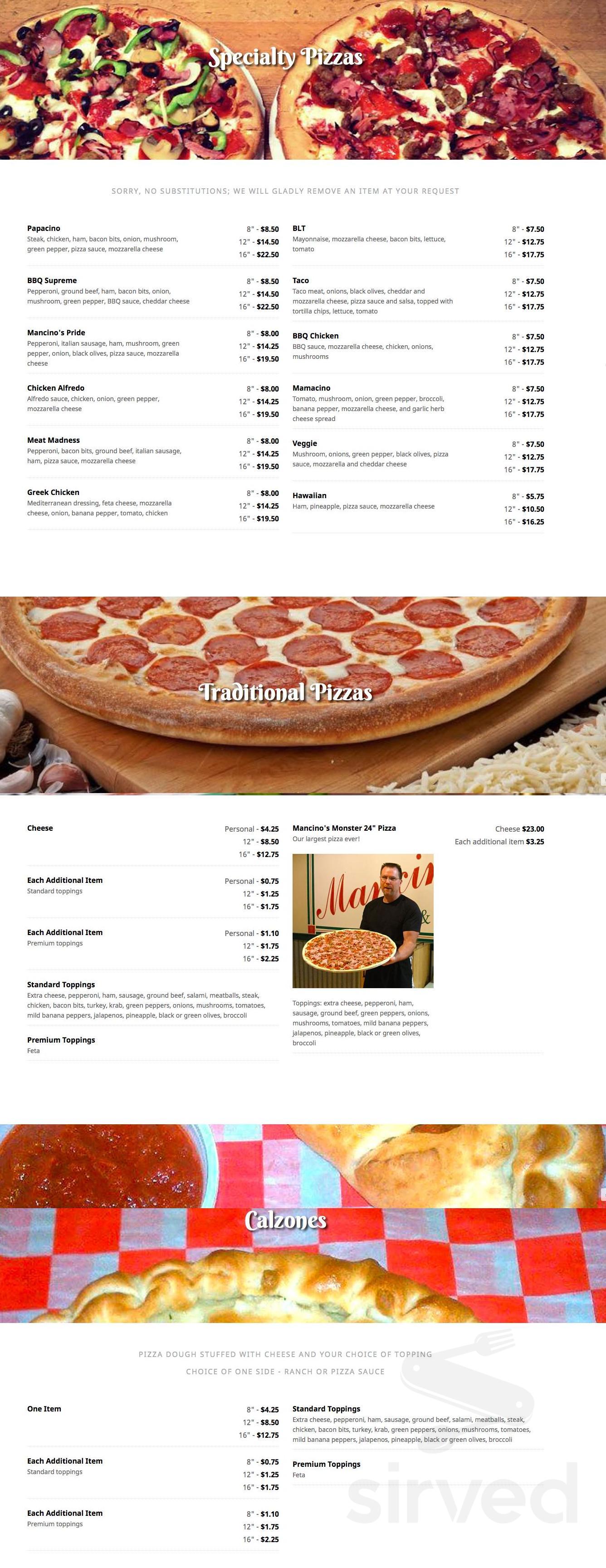 Mancino's Pizza &amp; Grinders menus in Greenville, Michigan, United States