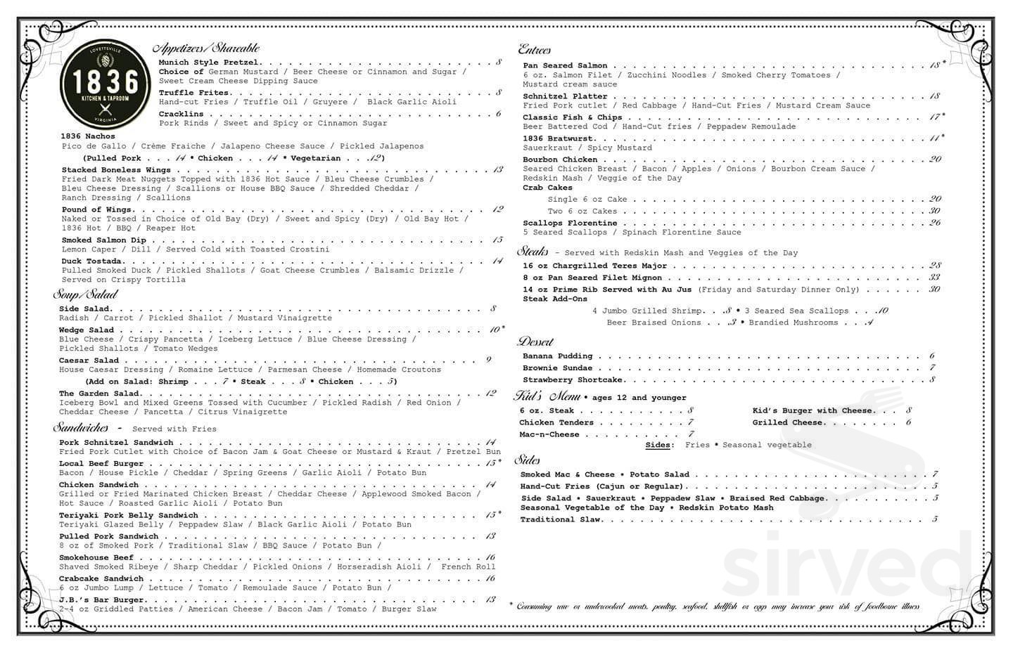 1836 Kitchen and Taproom menu in Lovettsville, Virginia