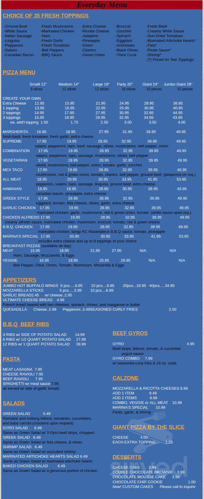 Marina Pizza Parlor menu in San Leandro, California