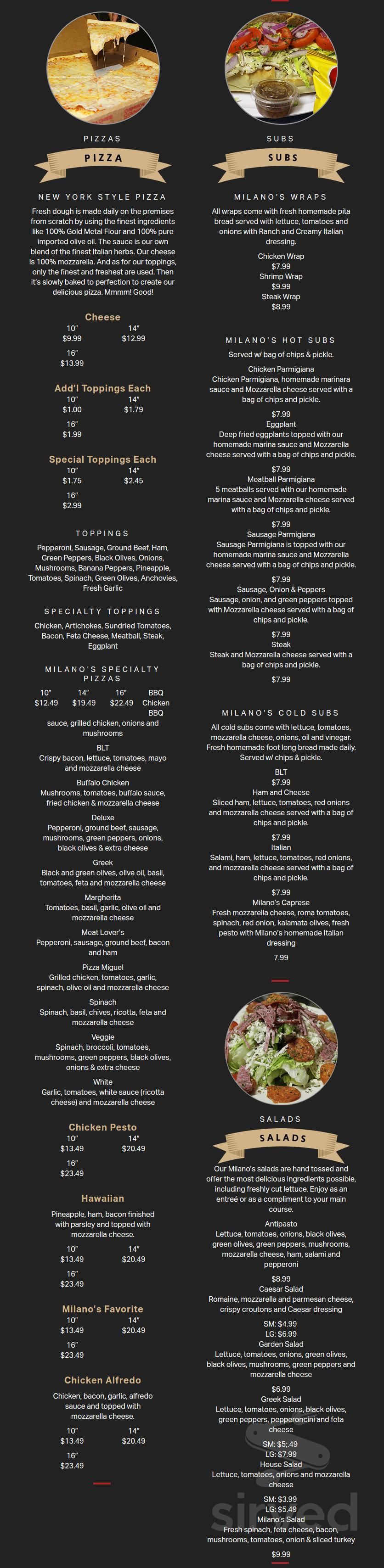 Milano's Italian Restaurant Pizza and Bar menu in Jacksonville, Florida ...