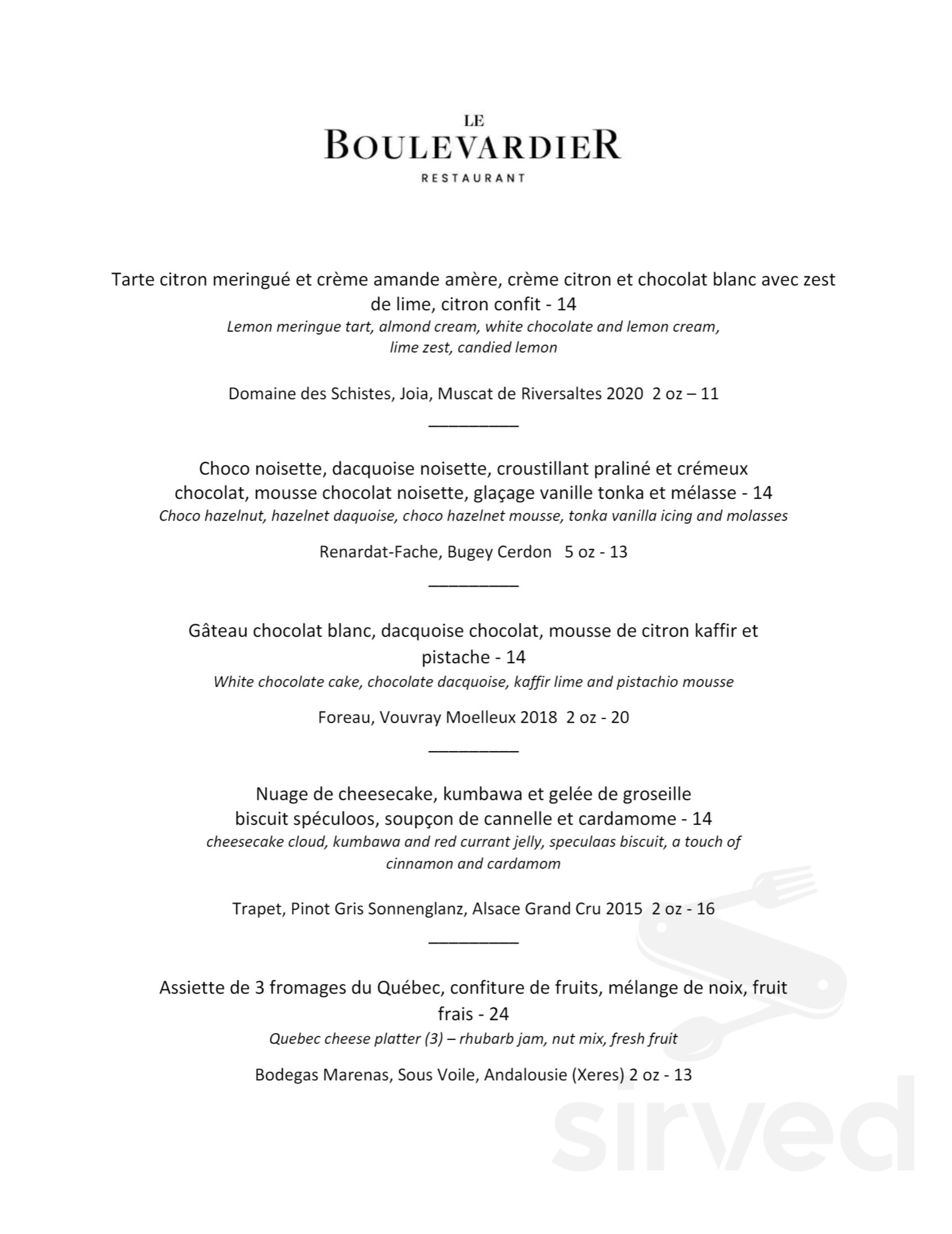 Le Boulevardier Restaurant menu in Montreal, Quebec H3A 1Y9, Canada
