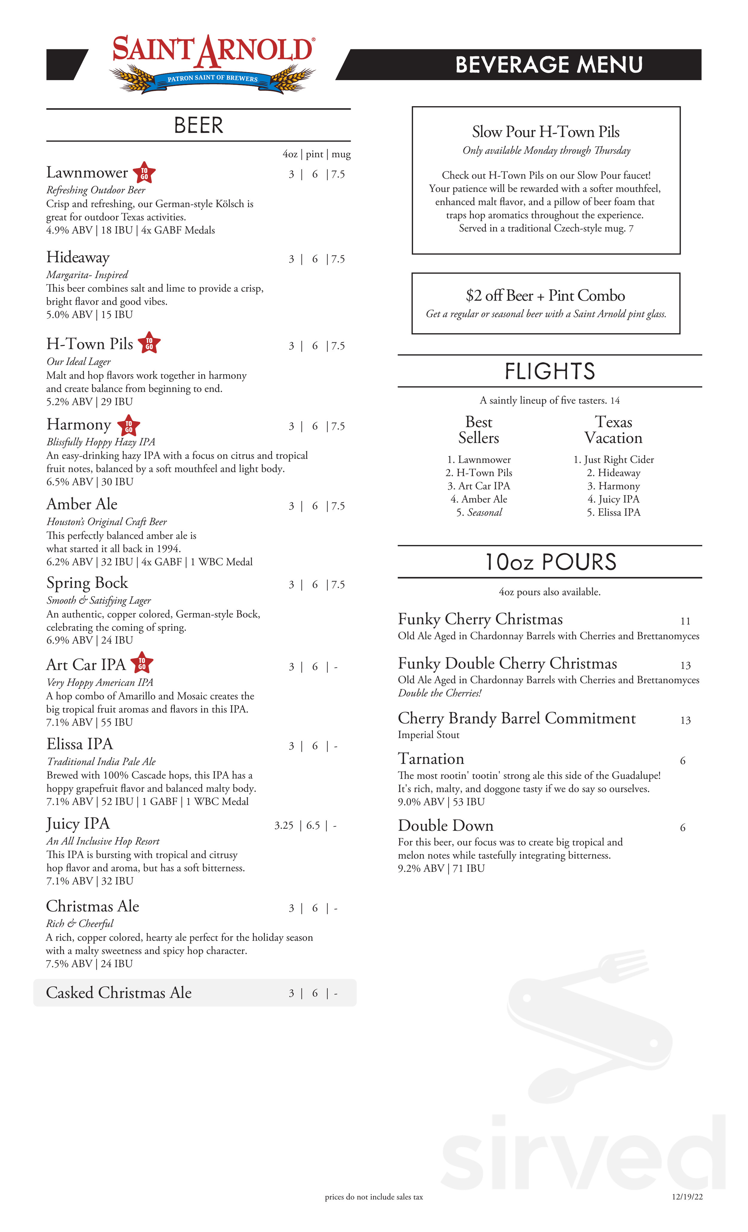 Saint Arnold Beer Garden menu in Houston, Texas, USA