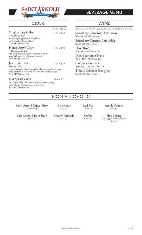 Saint Arnold Beer Garden menu in Houston, Texas, USA