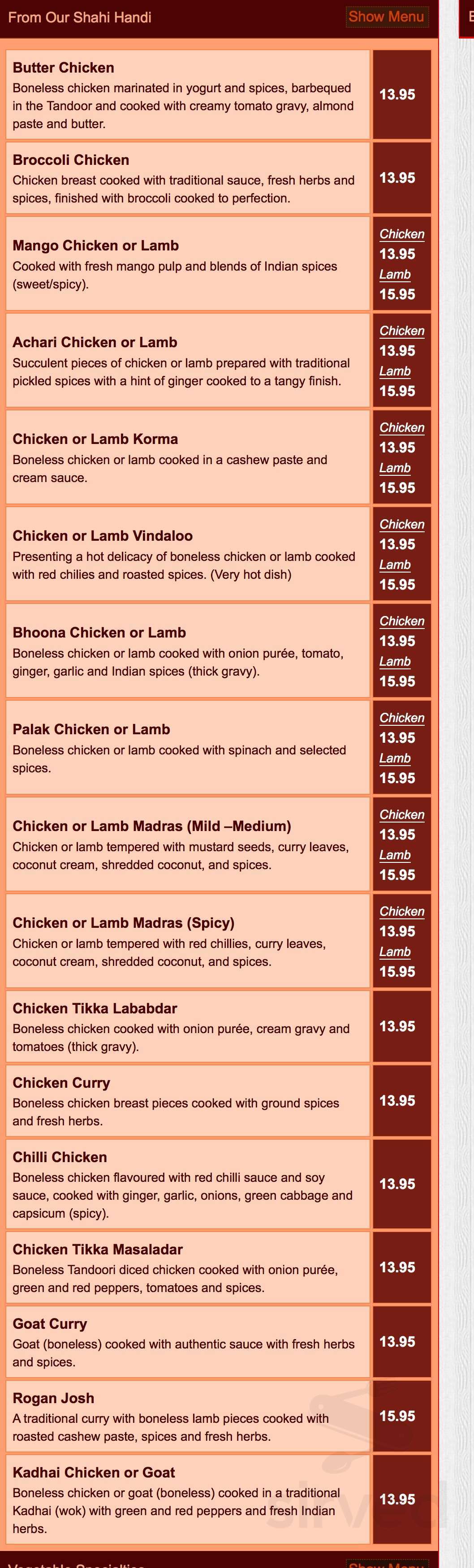 Menu Guelph ON's Diwa Classic Indian Cuisine Sirved