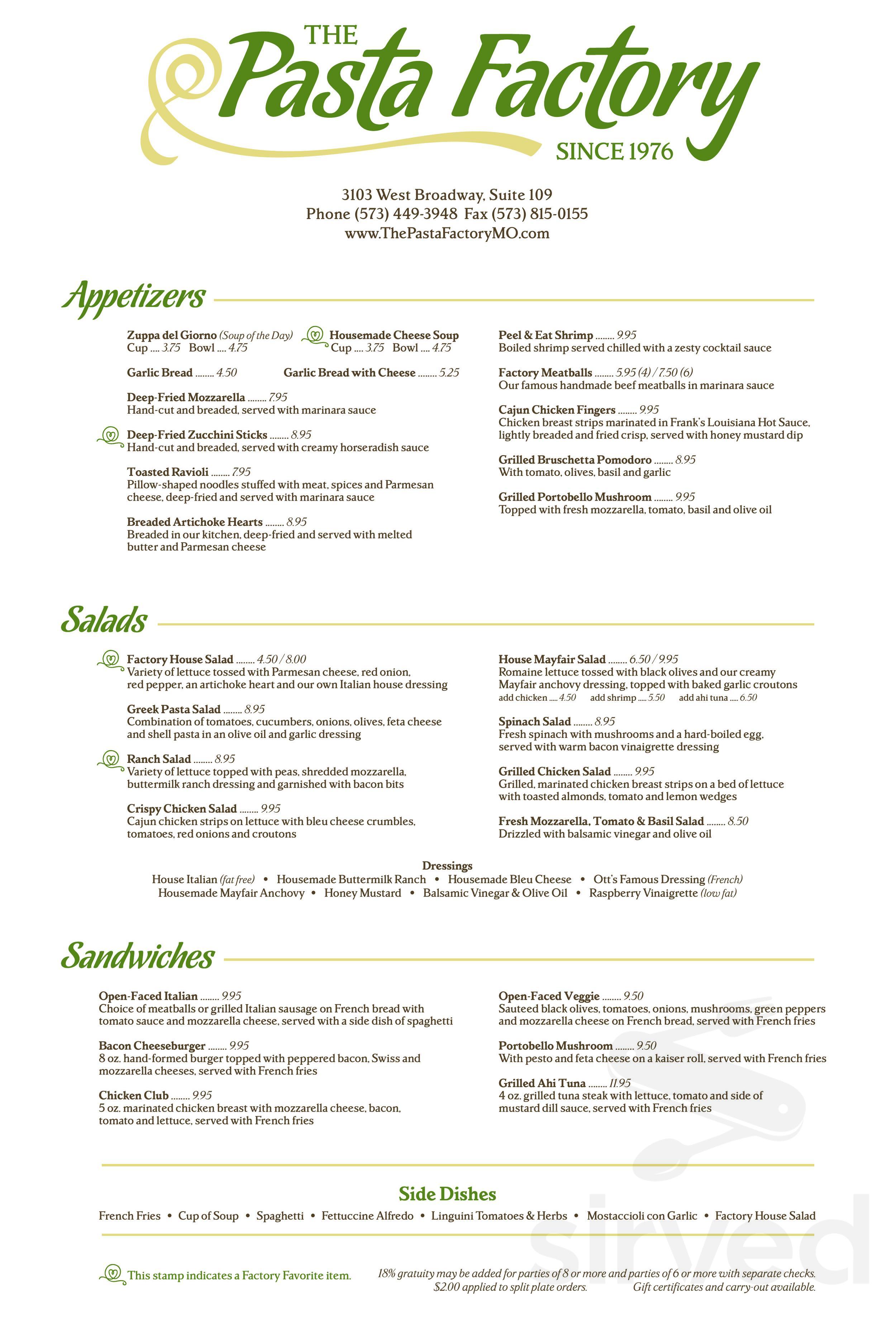 Menu for The Pasta Factory in Columbia, MO | Sirved