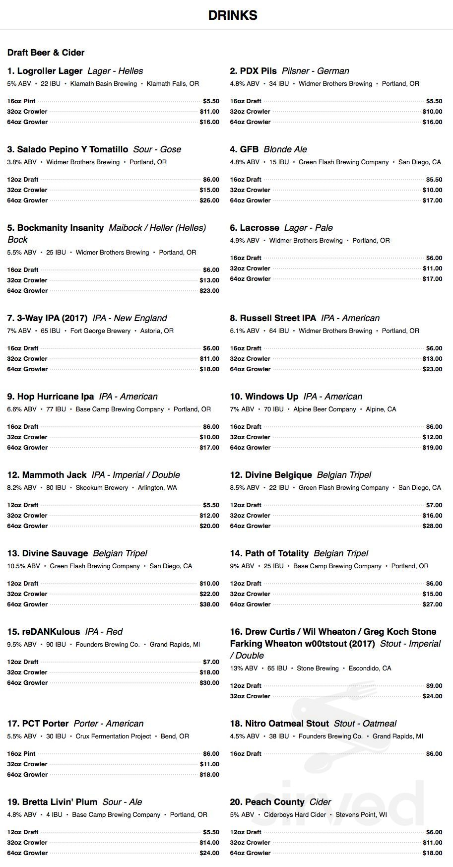 Caps N' Taps drink menu in Camas, Washington