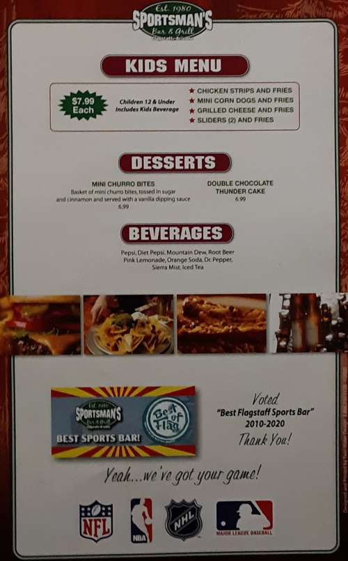Sportsman's Bar & Grill menu in Flagstaff, Arizona, USA