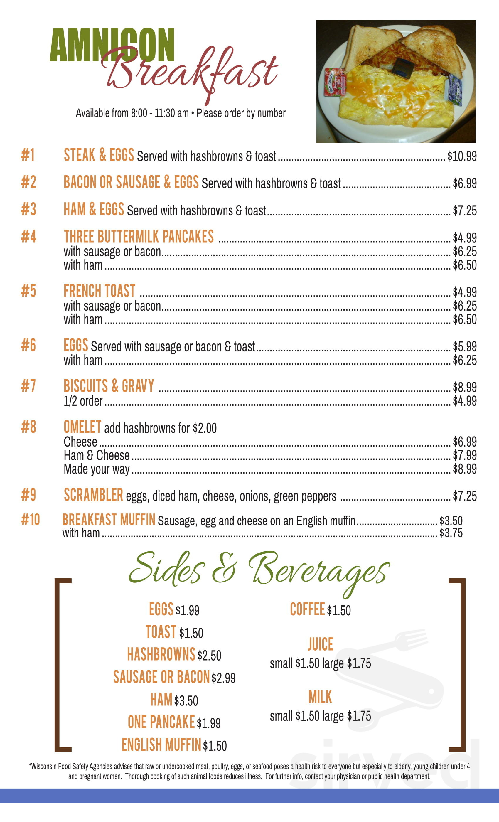 Amnicon Bar breakfast menu in Superior, Wisconsin