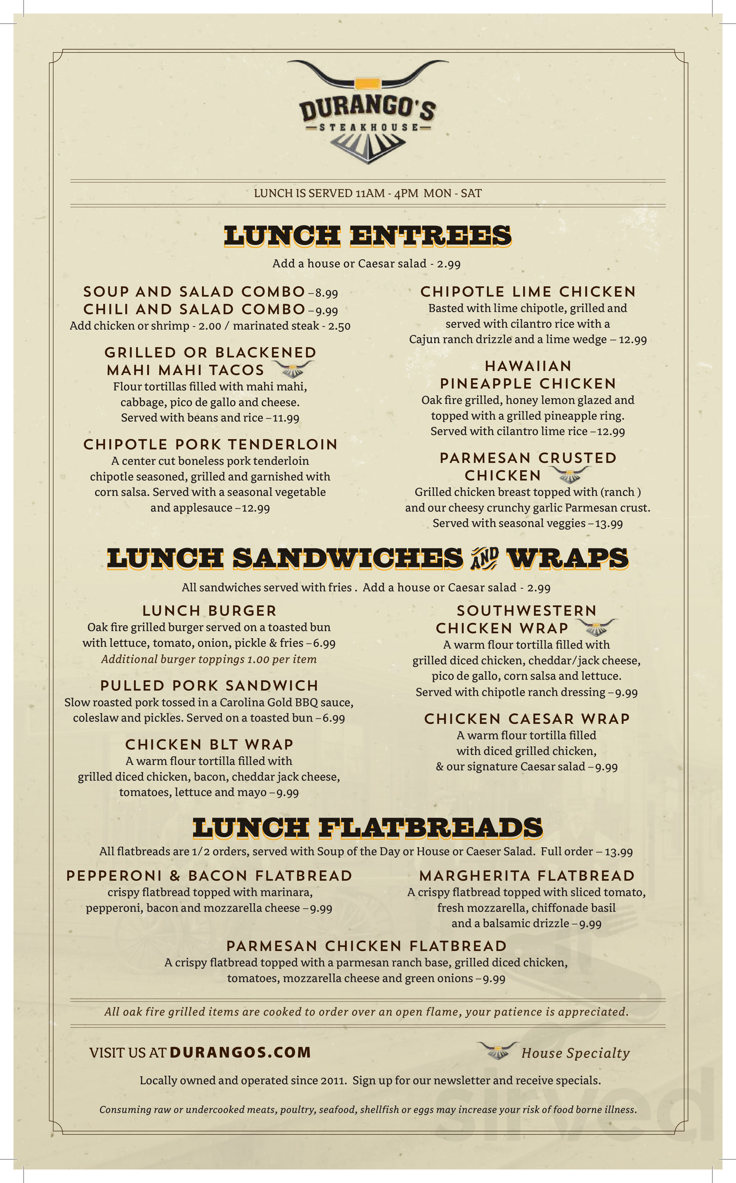 Menu - Titusville FL's Durango's Steakhouse Titusville | Sirved