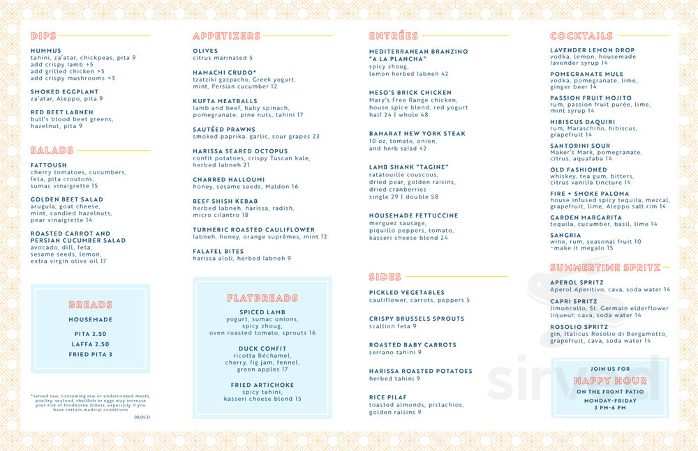 Meso Modern Mediterranean menu in San Jose, California, USA