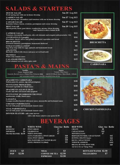 Vittorio's Trattoria menu in Windsor, Ontario, Canada