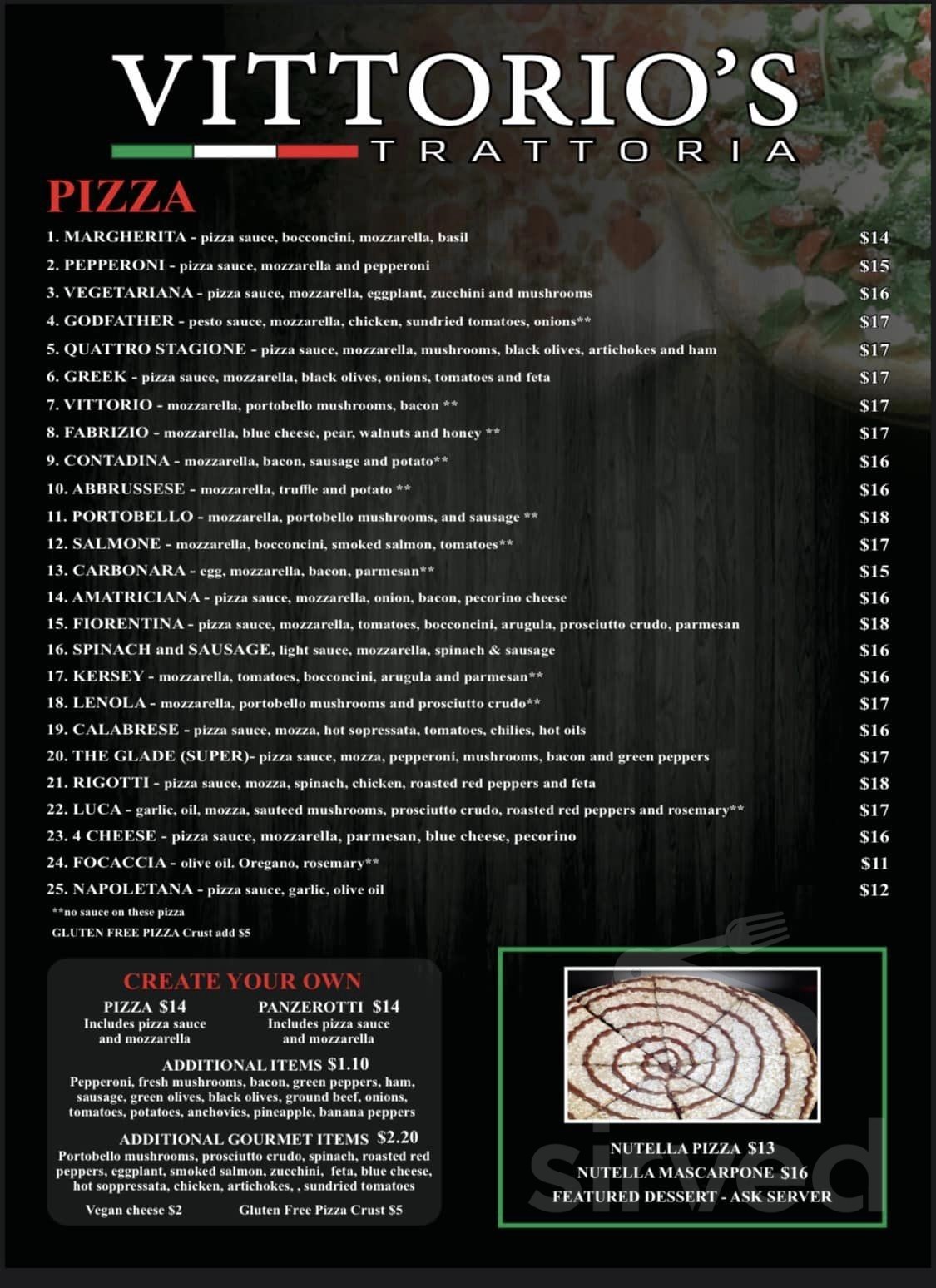 Vittorio's Trattoria menu in Windsor, Ontario, Canada