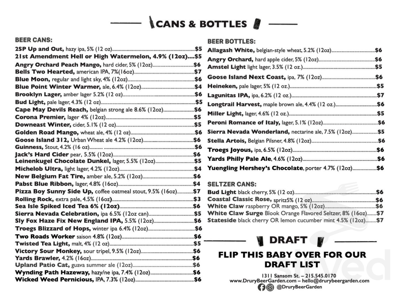 Menu - Philadelphia PA's Drury Beer Garden @Opa | Sirved