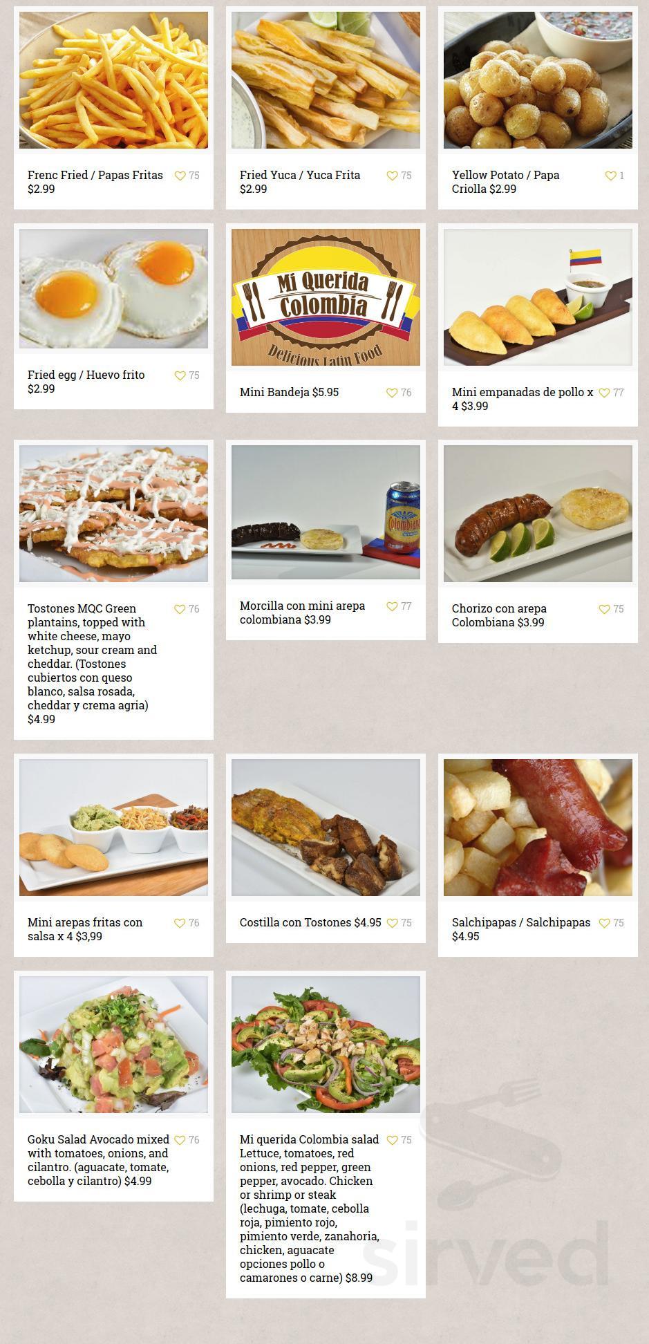 Menu Ocoee FL's Mi Querida Colombia Restaurant and Bakery Sirved