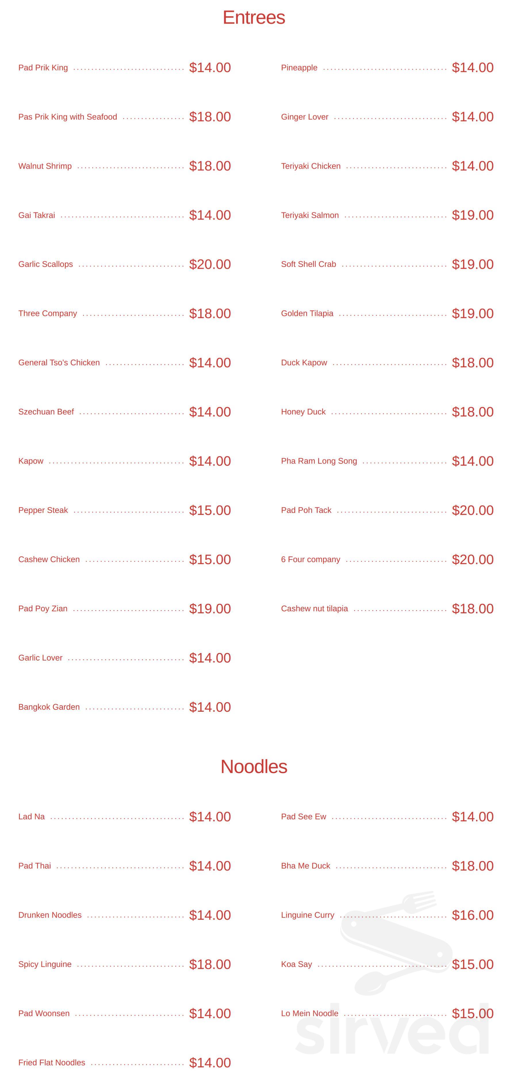 Thai Continental Cuisine menu in Roanoke, Virginia, USA