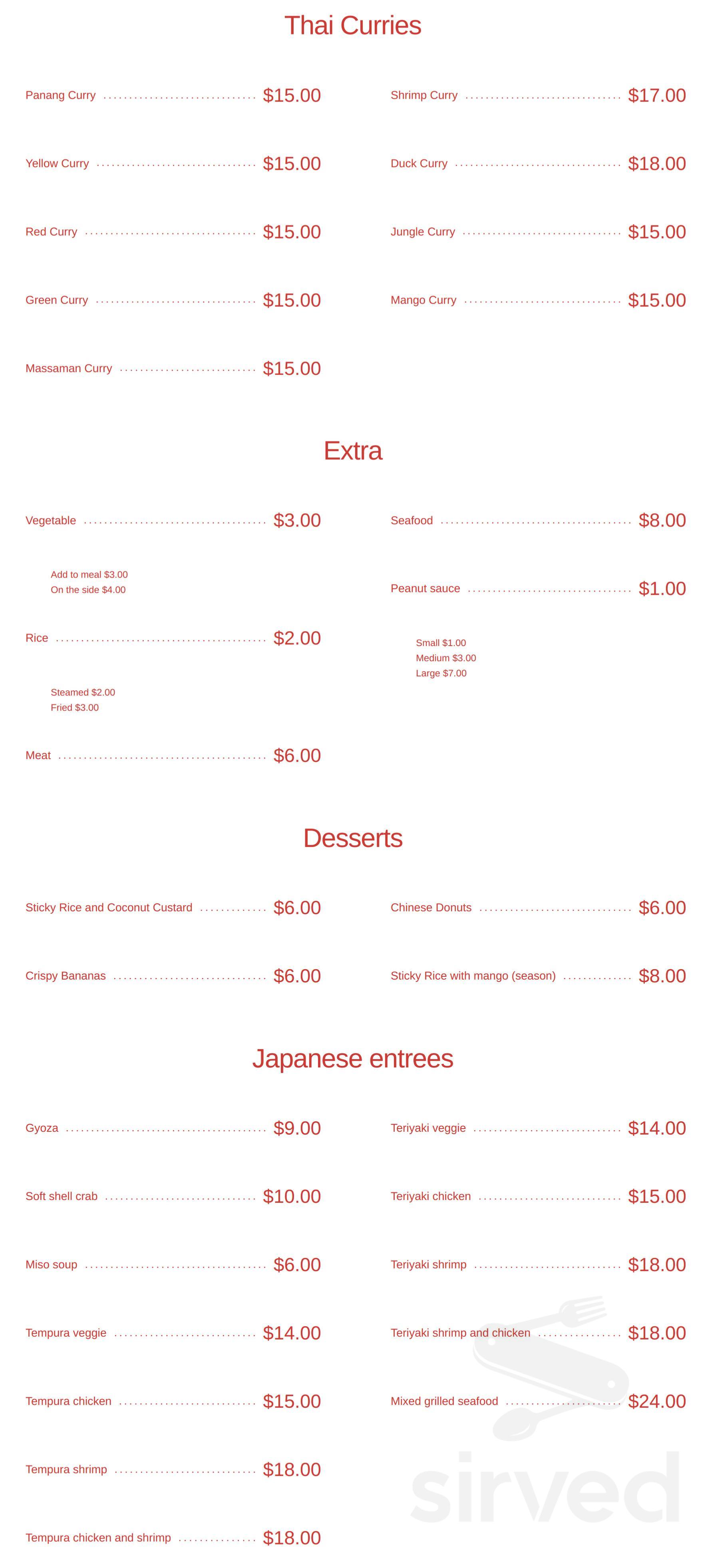 Thai Continental Cuisine menu in Roanoke, Virginia, USA