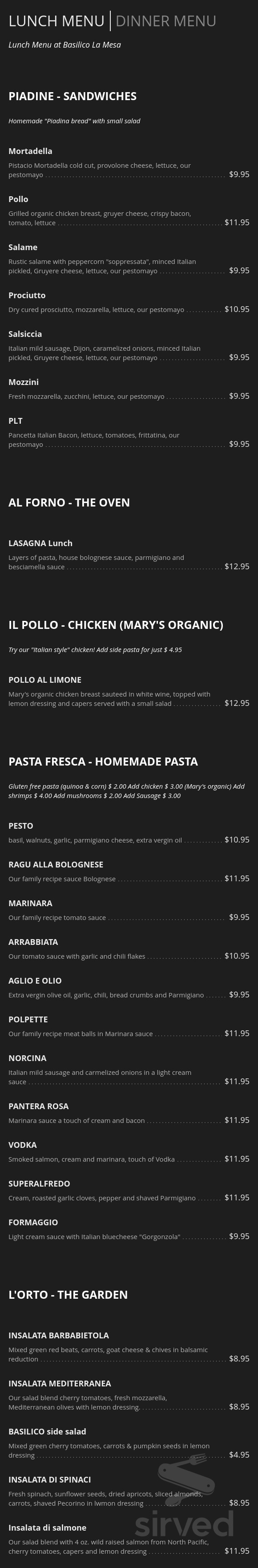 Cucina Basilico La Mesa lunch menu in La Mesa, California