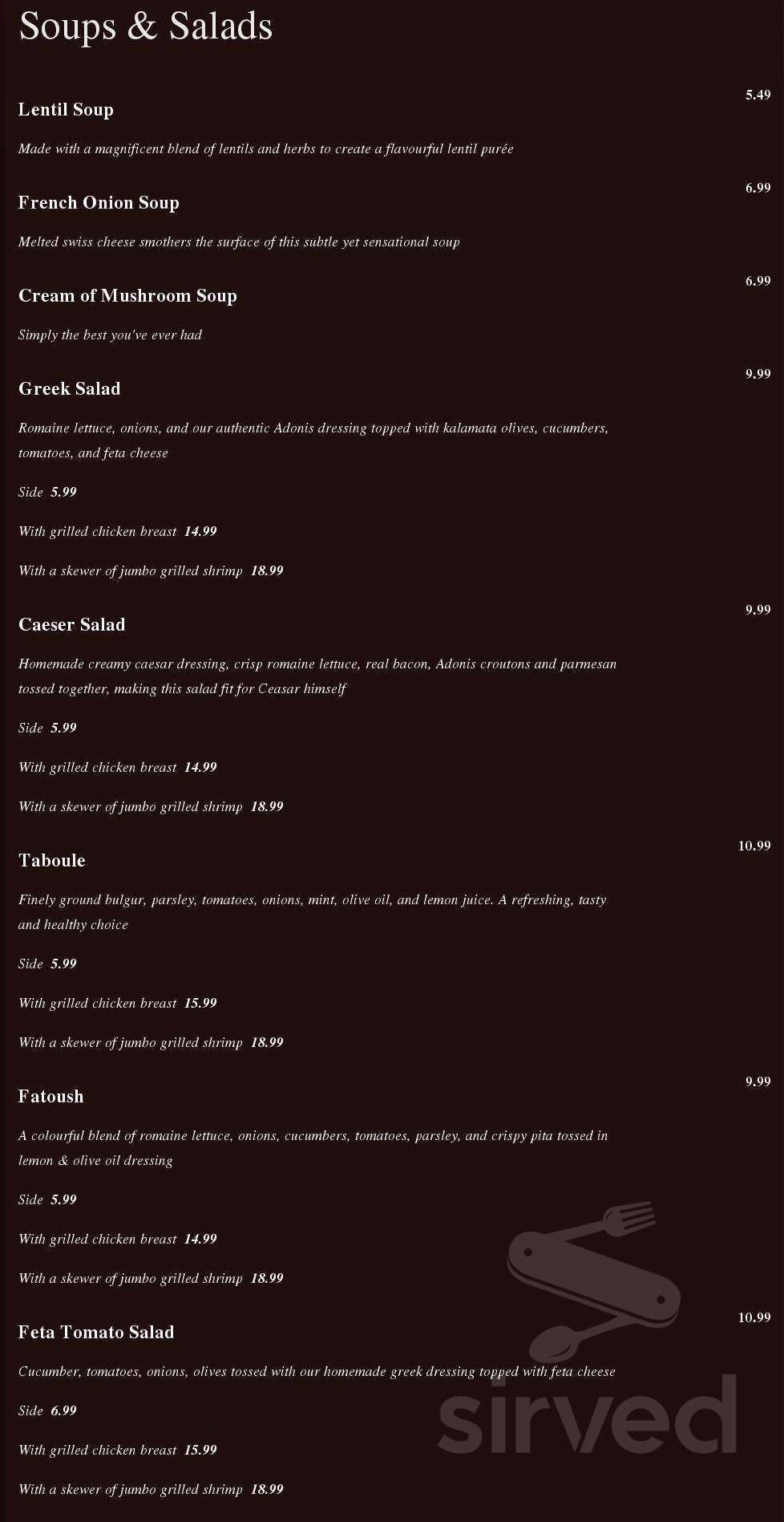 Adonis Restaurant menu in Oakville, Ontario