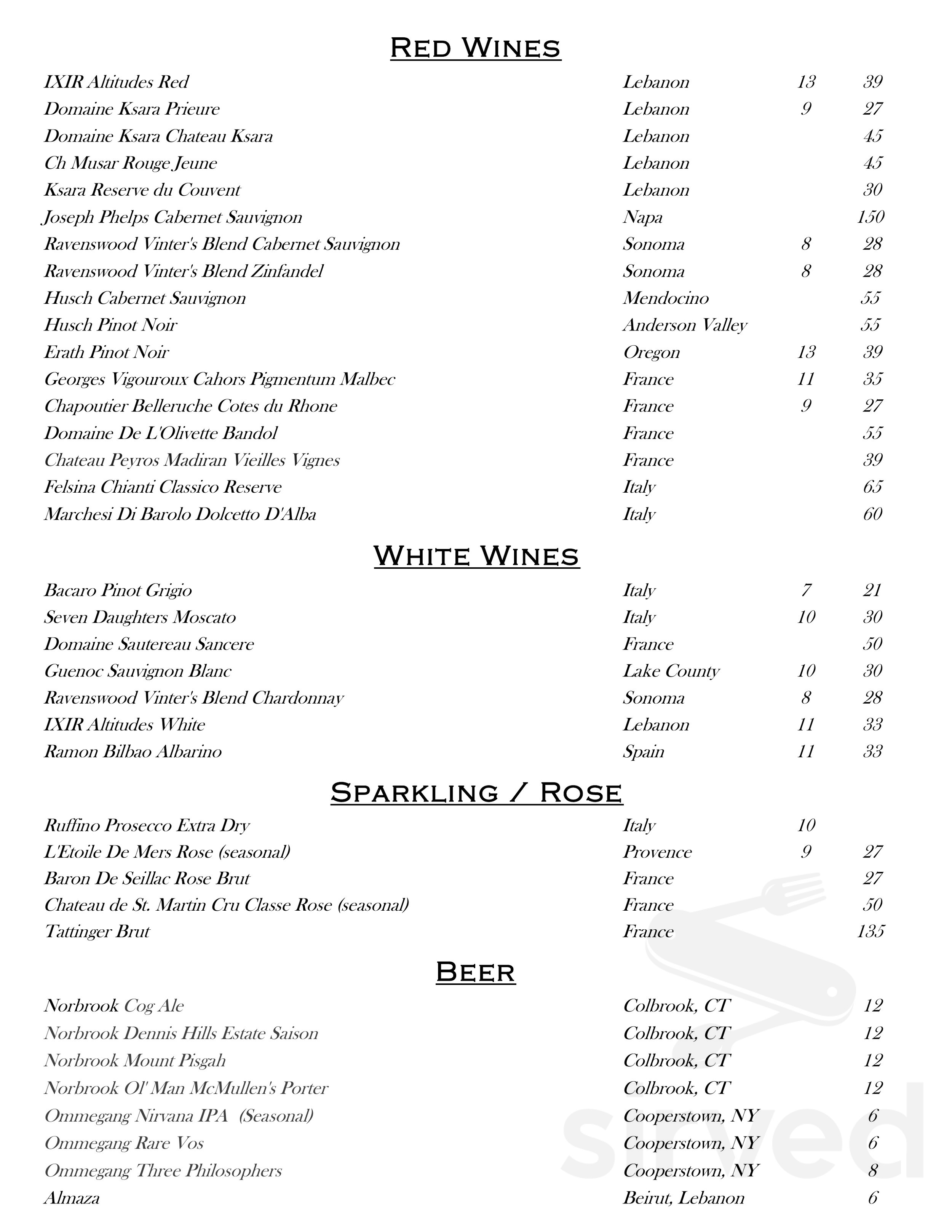 Noujaim's Bistro wine menu in Winsted, Connecticut
