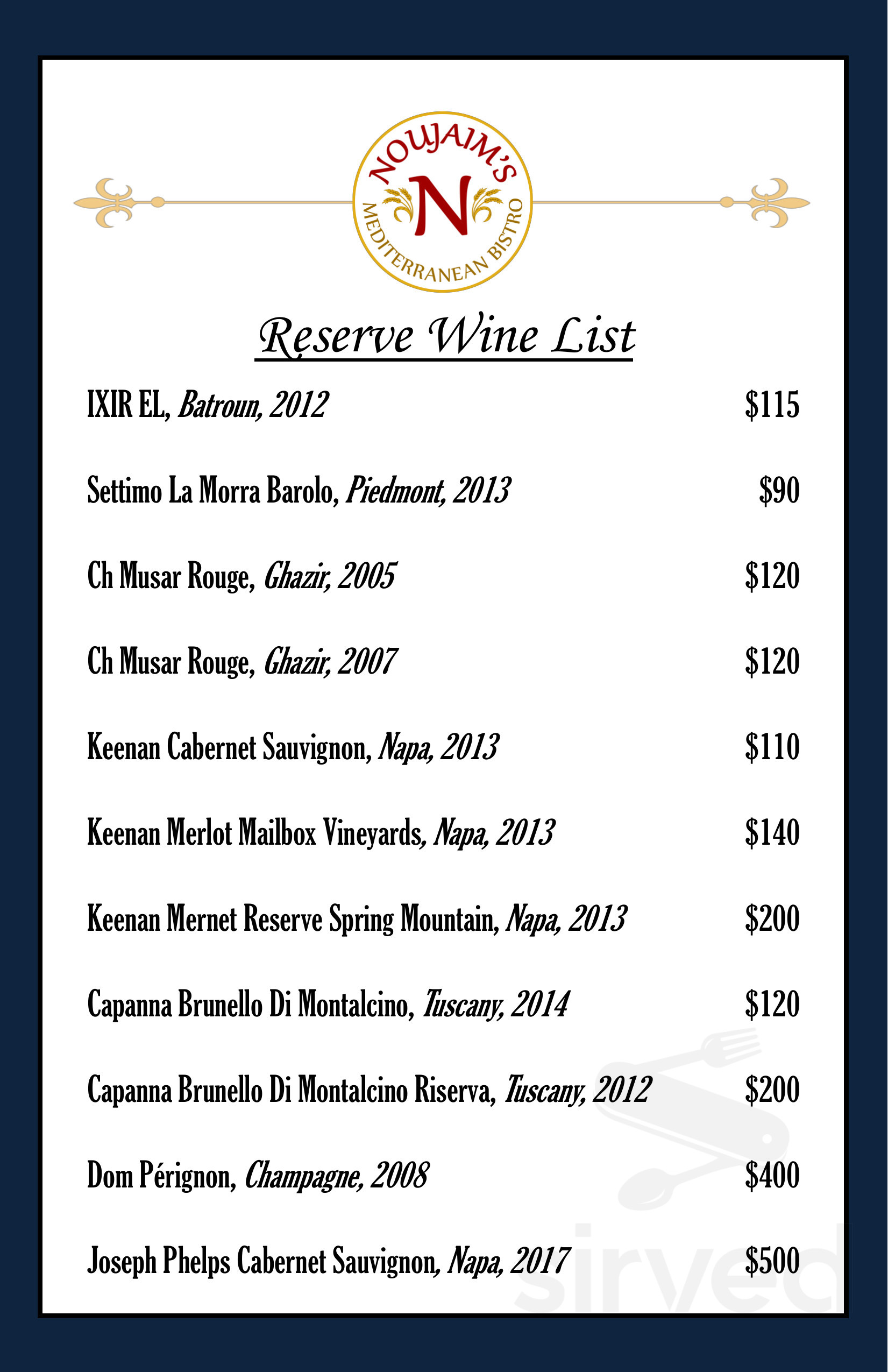 Noujaim's Bistro wine menu in Winsted, Connecticut