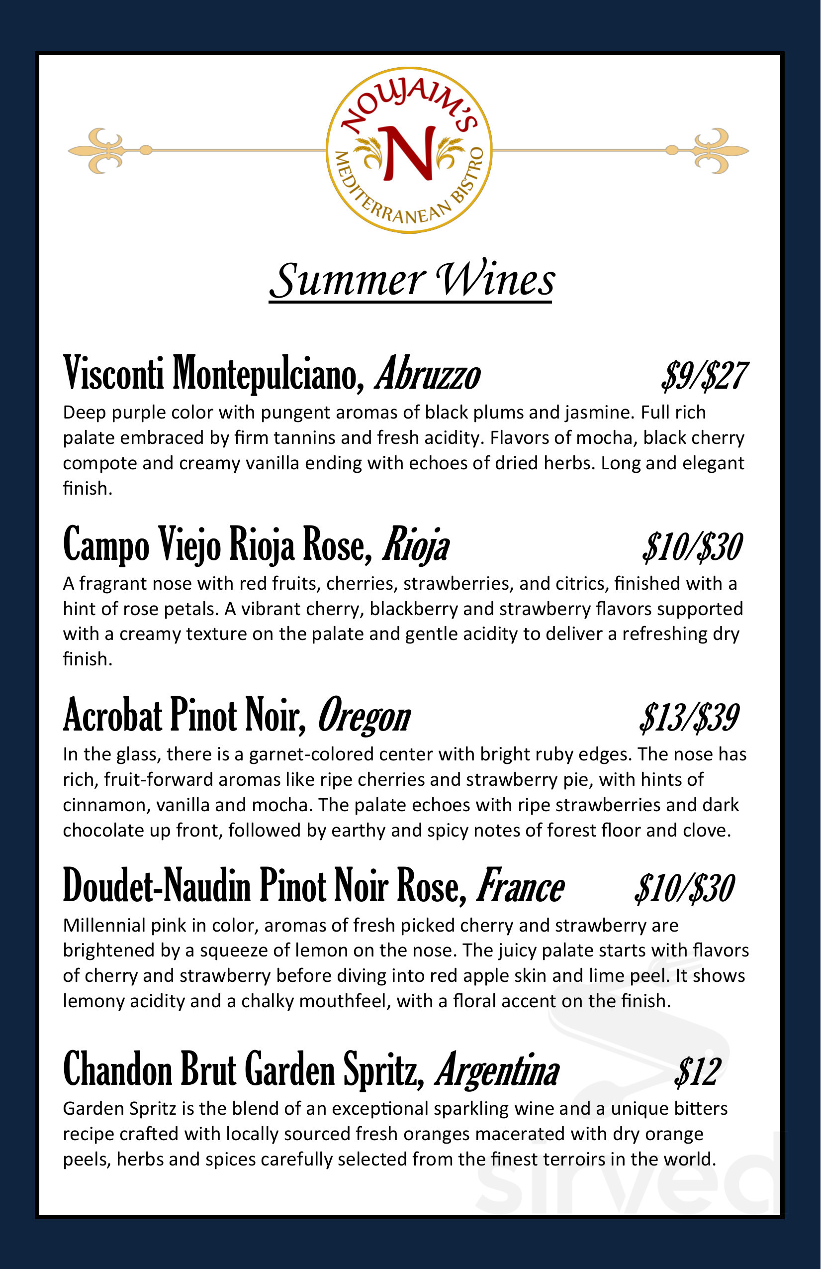 Noujaim's Bistro wine menu in Winsted, Connecticut