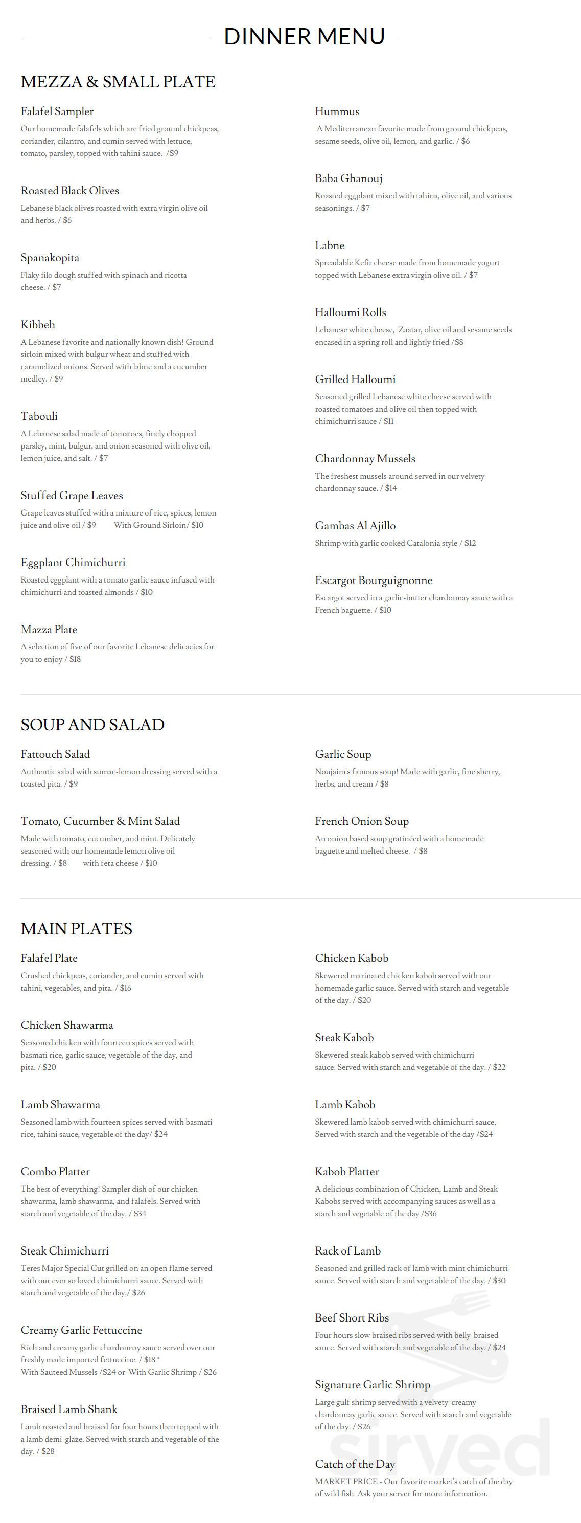 Noujaim's Bistro menu in Winsted, Connecticut