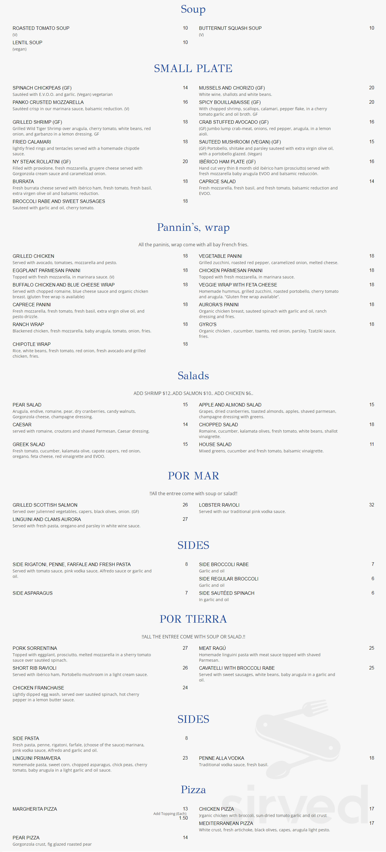 Menu for Aurora’s in Fairfield, Connecticut, United States