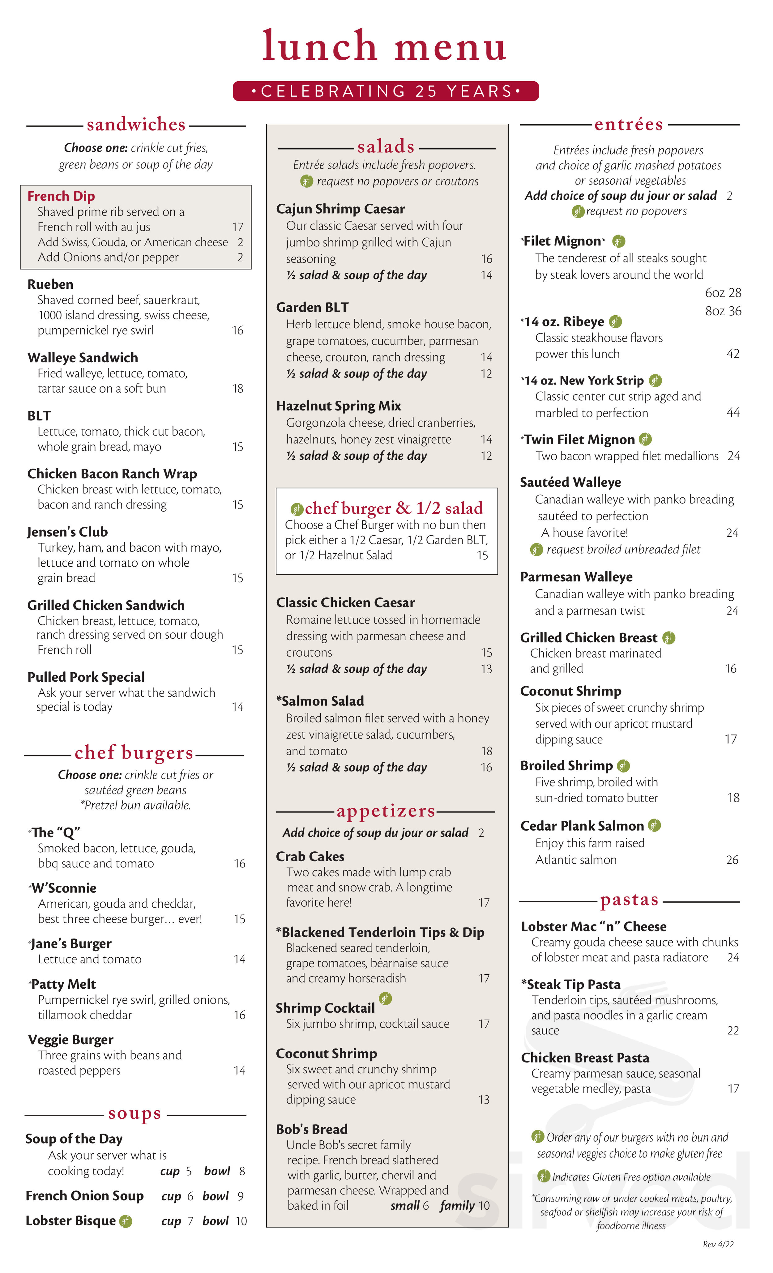 Jensen's Food & Cocktails menu in Eagan, Minnesota, USA