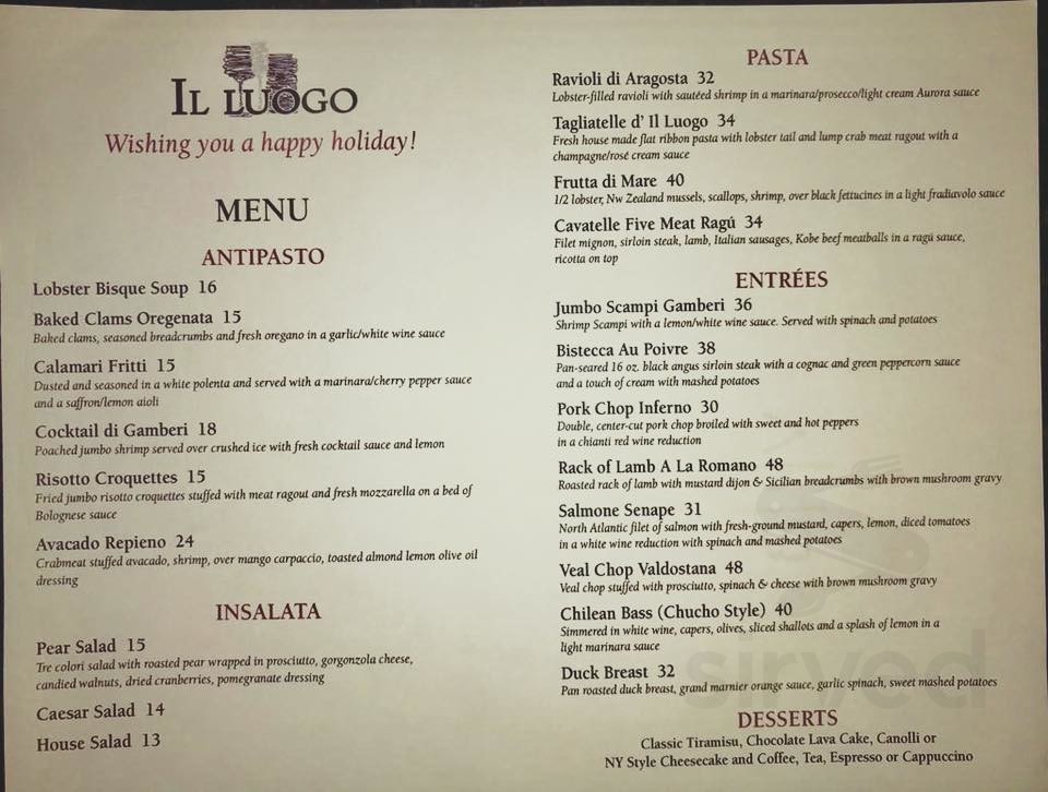 Luogo Menu Menu for Il Luogo in Lynbrook, NY | Sirved