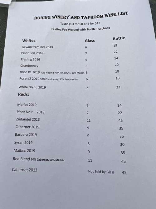 Boring Winery & Taproom menu in Boring, Oregon, USA