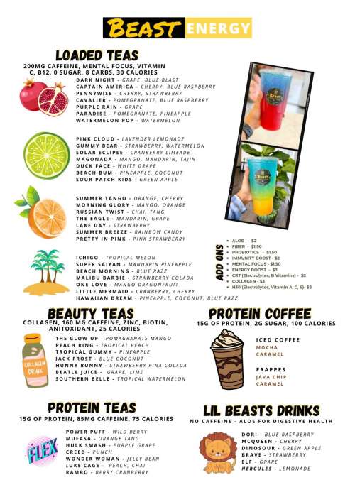 Beast Nutrition and Energy menu in Cookeville, Tennessee, USA