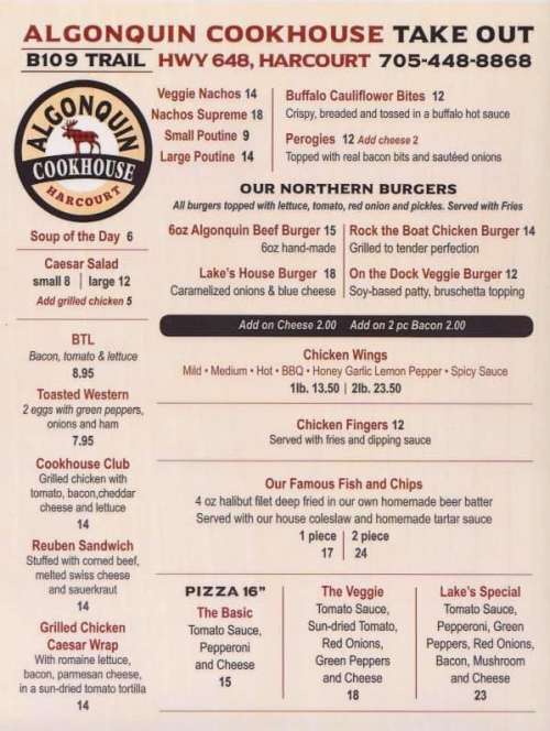 Algonquin Cookhouse menu in Harcourt, Ontario, Canada