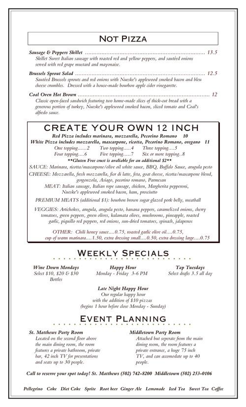 Coals Artisan Pizza menu in Middletown, Kentucky, USA