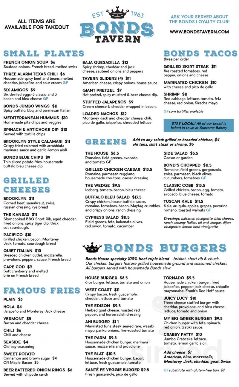 Bonds Tavern Menu In West Orange New Jersey Usa