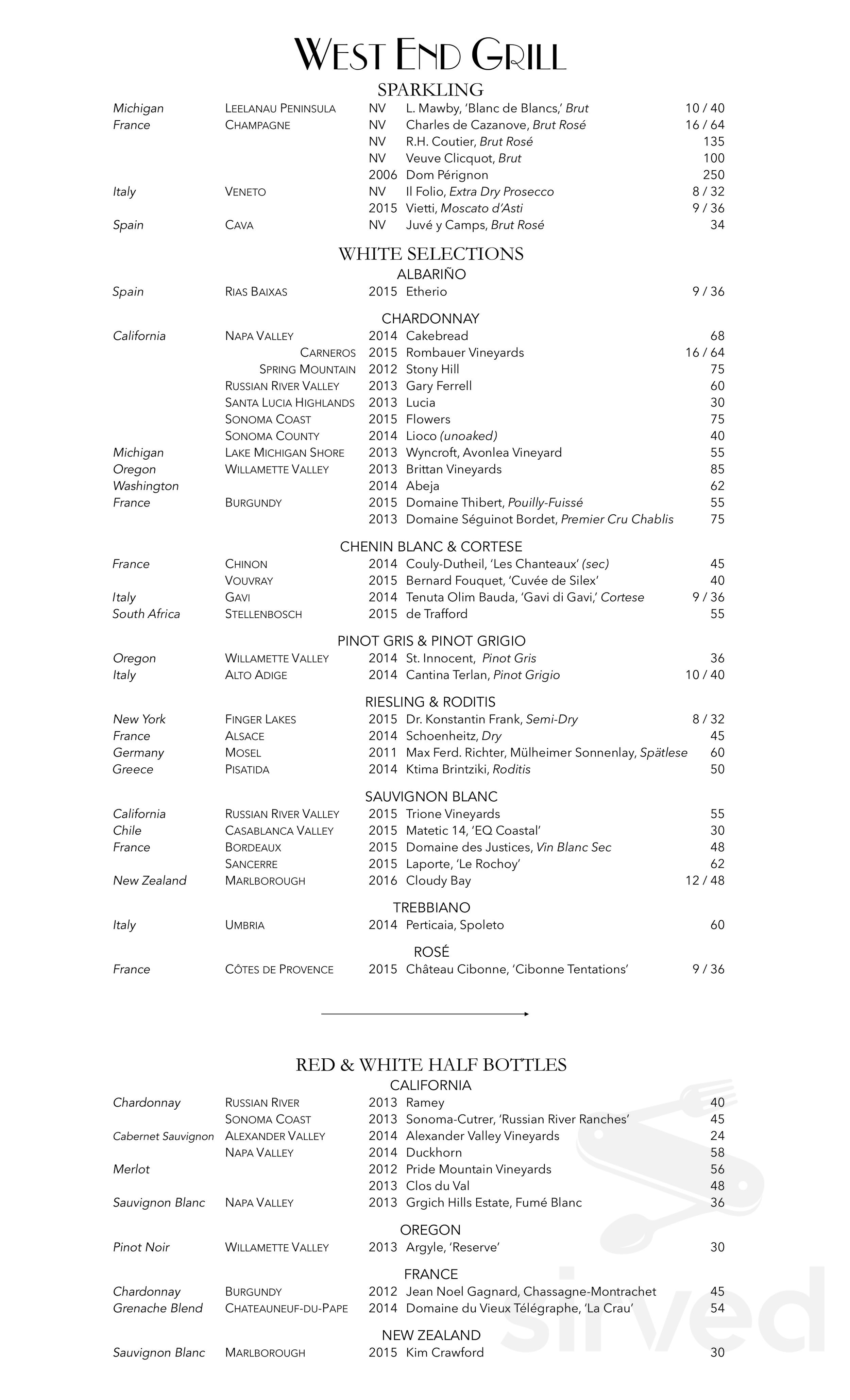 The West End Grill menus in Ann Arbor, Michigan, United States