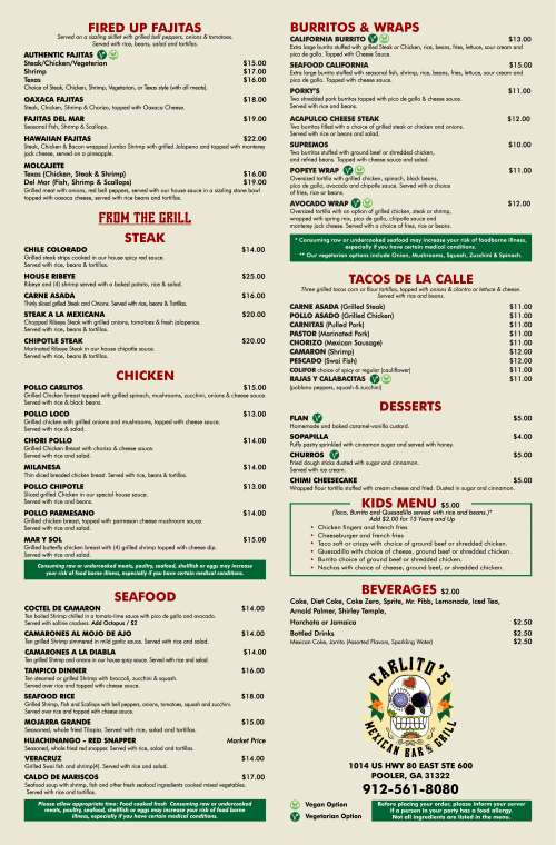 Carlito's Mexican Bar and Grill menu in Pooler, Georgia, USA